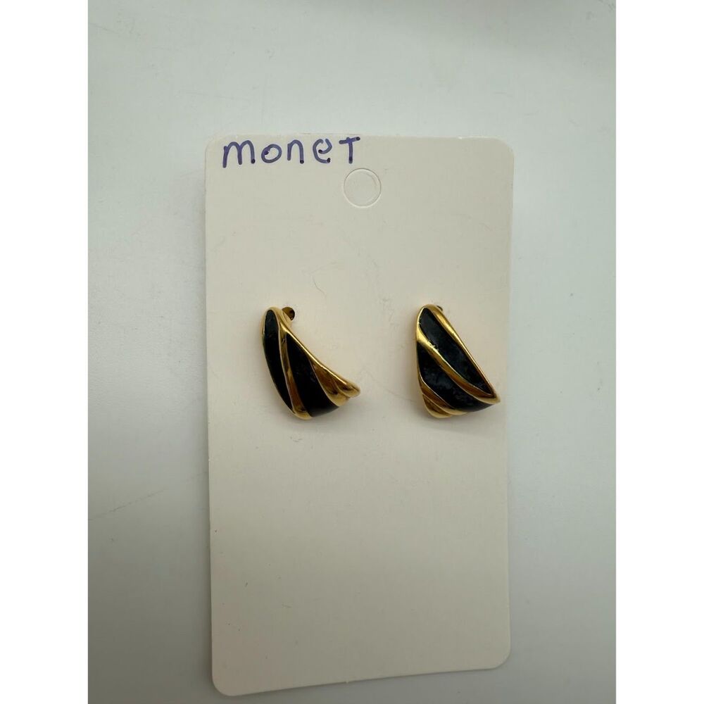 Vintage Classic Monet Pierced Earrings. Half Hoop with Black Enamel